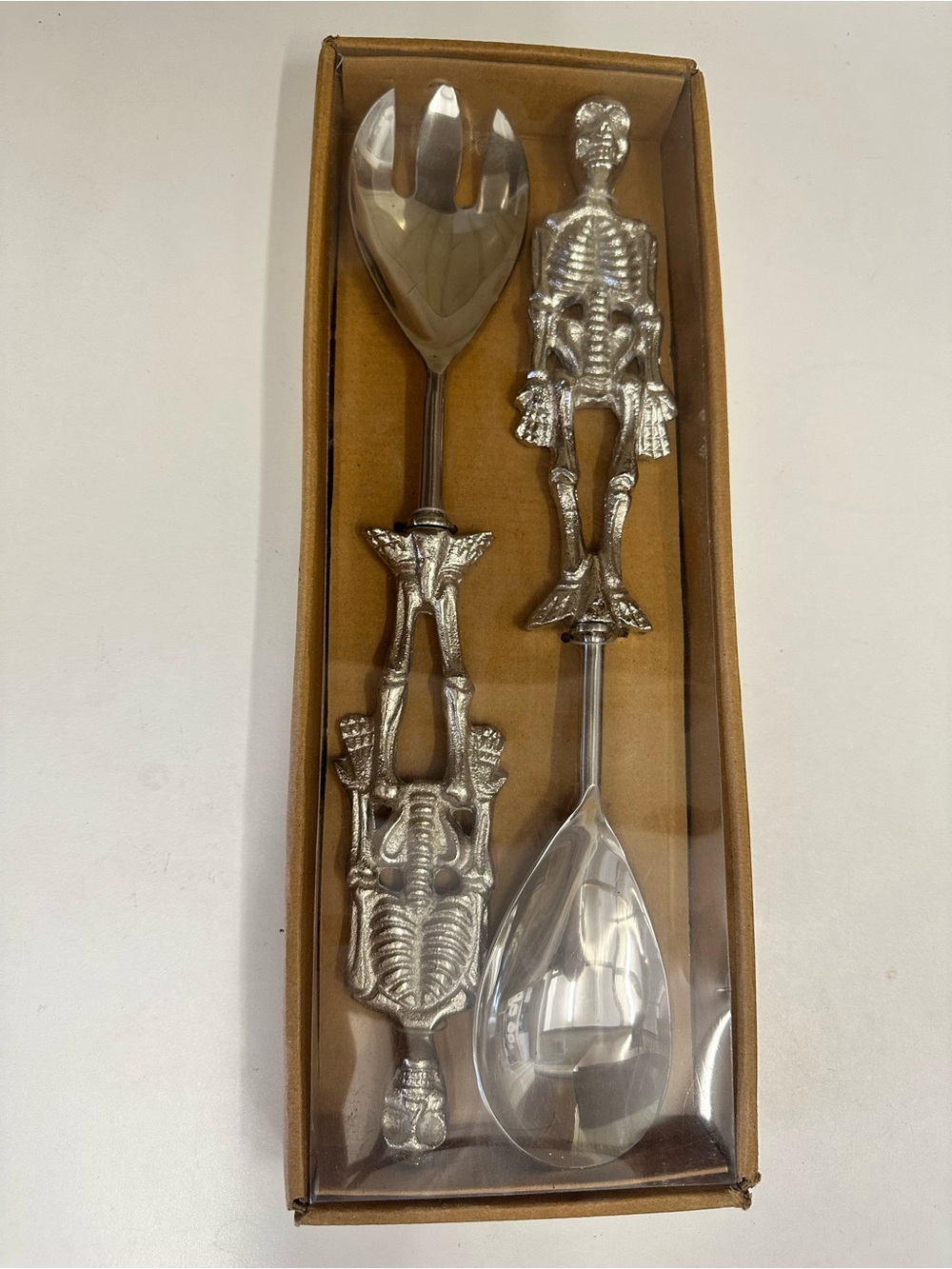 Silver Skeleton-Handle Serving Spoon and Fork Set - Halloween Style